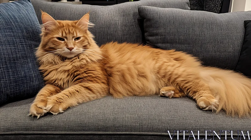 Elegant Long-Haired Ginger Cat on a Sofa AI Image