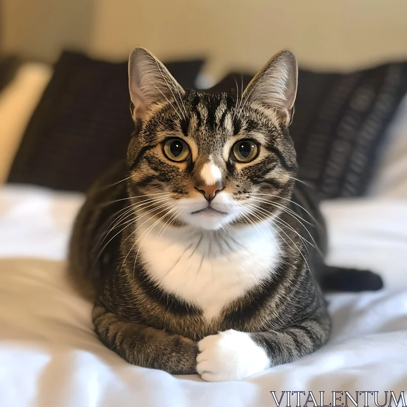 Comfortable Tabby Cat Lying on a White Bed AI Image