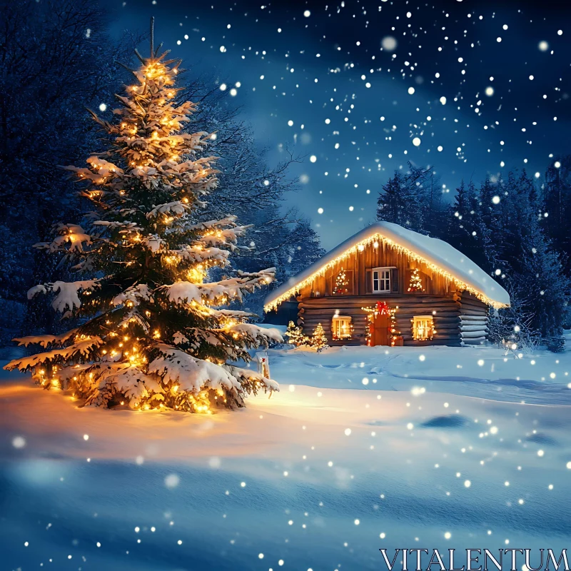 Christmas Cabin in Snowy Landscape AI Image