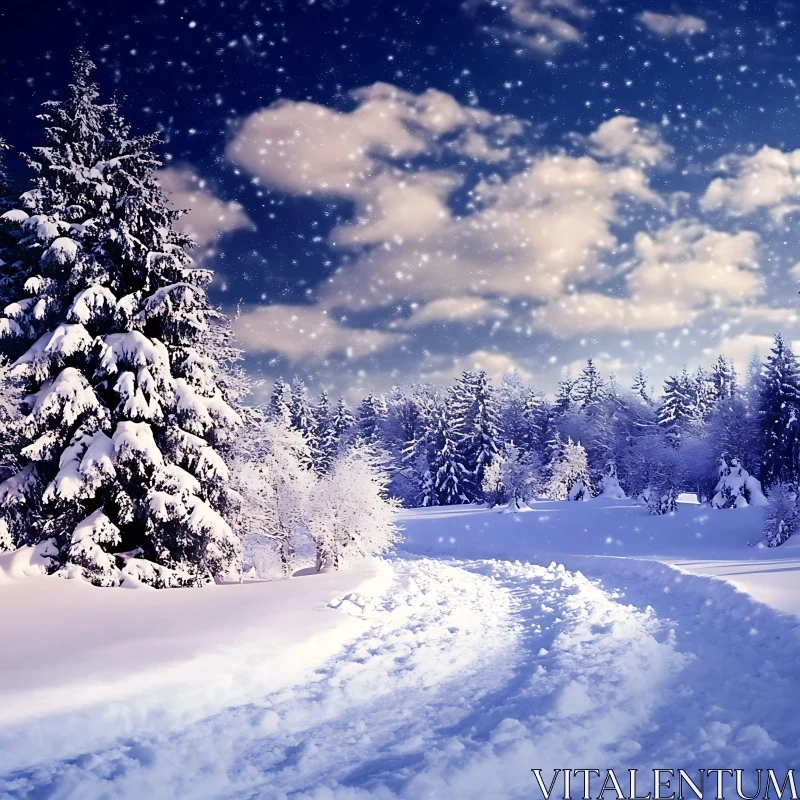 AI ART Serene Winter Path Amidst Pine Trees