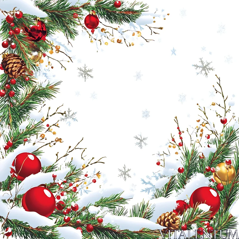 Holiday Pine Branch Border with Ornaments AI Image