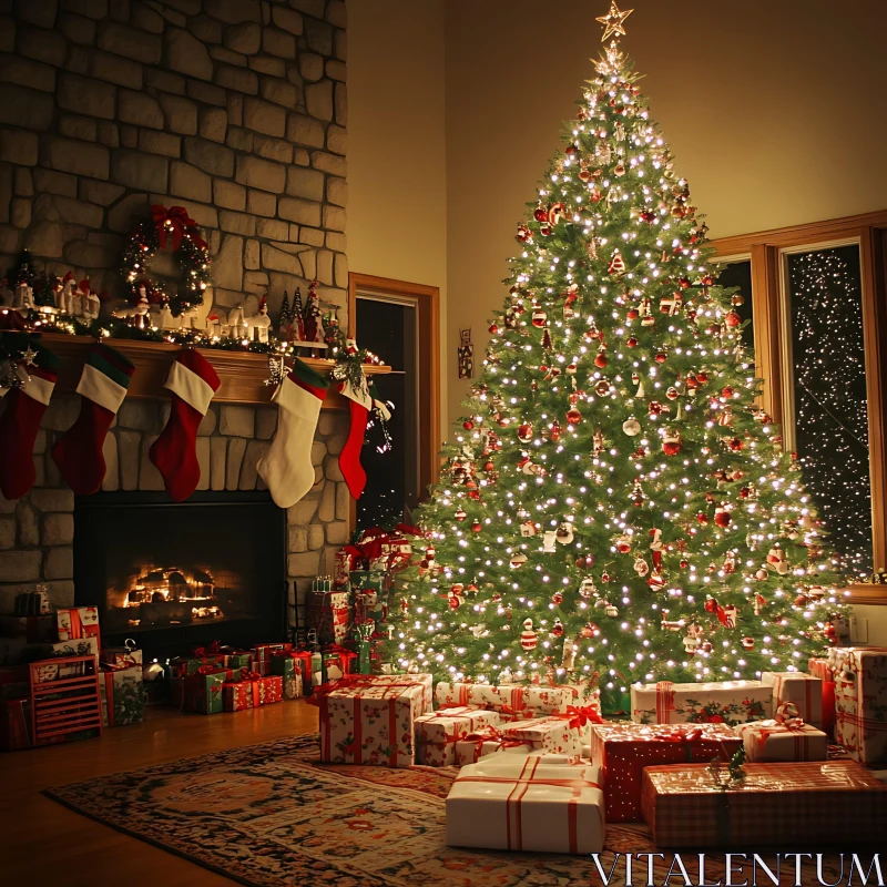 Festive Living Room with Christmas Tree and Fireplace AI Image