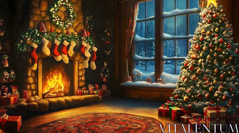 Festive Holiday Living Room with Christmas Tree and Gifts AI Image