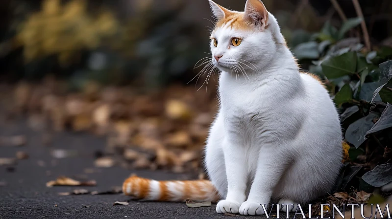 White and Orange Cat Among Autumn Leaves AI Image