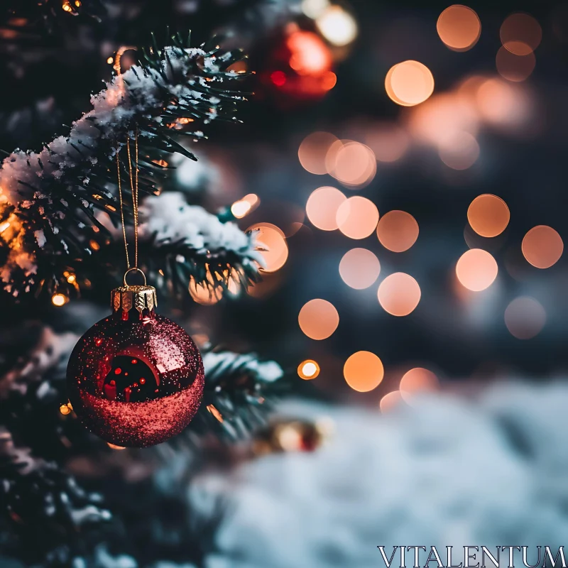 Festive Christmas Tree with Red Bauble and Bokeh Lights AI Image