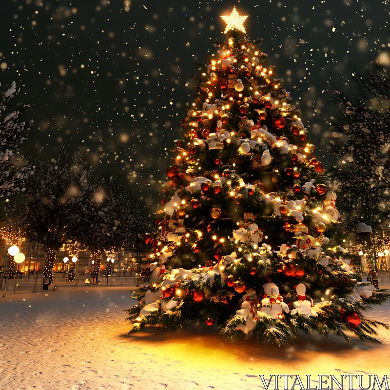 Snowy Night Christmas Tree with Festive Lights AI Image