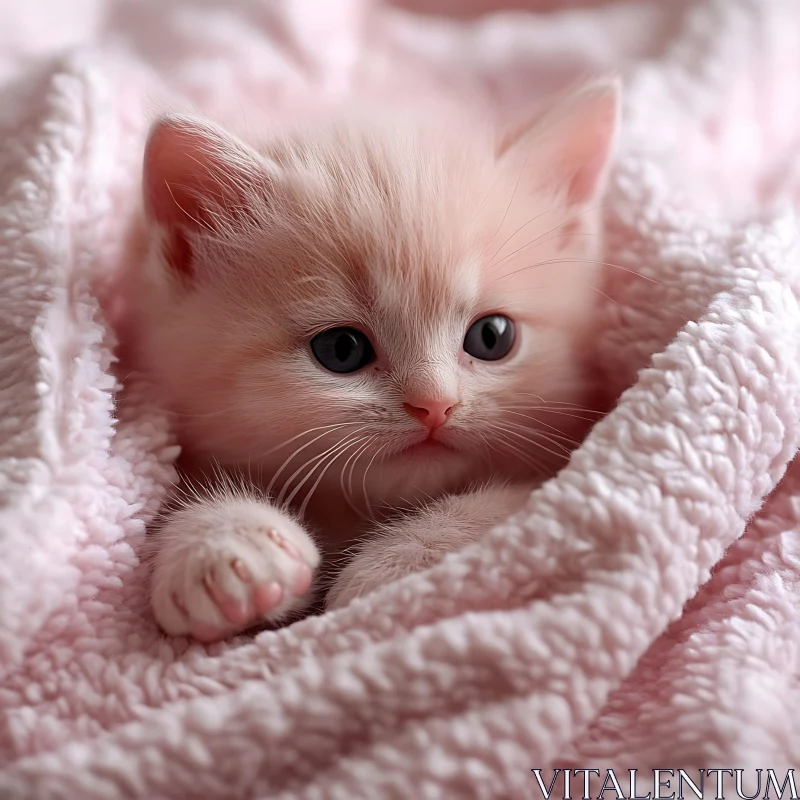 Cute Fluffy Kitten on Pink Blanket AI Image