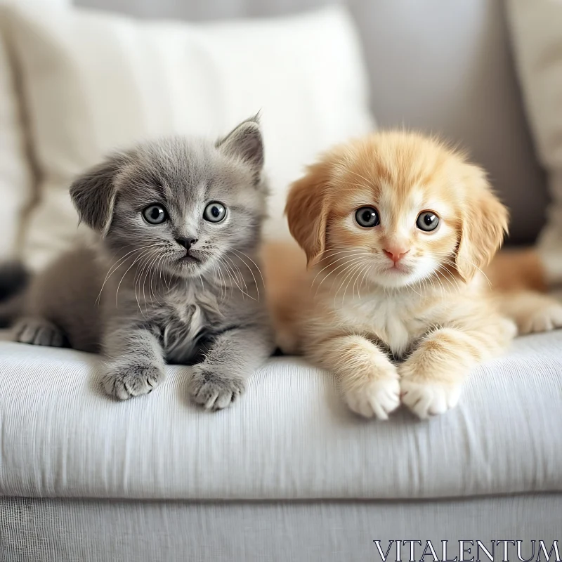 Cute Grey and Orange Kittens Relaxing on a Cushion AI Image