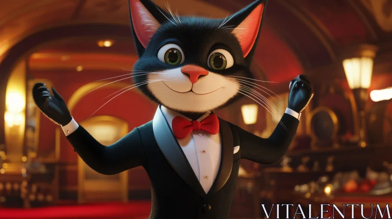 Animated Cat in Tuxedo with Red Bow Tie AI Image