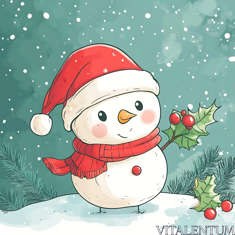 Festive Snowman with Holly and Snowflakes AI Image