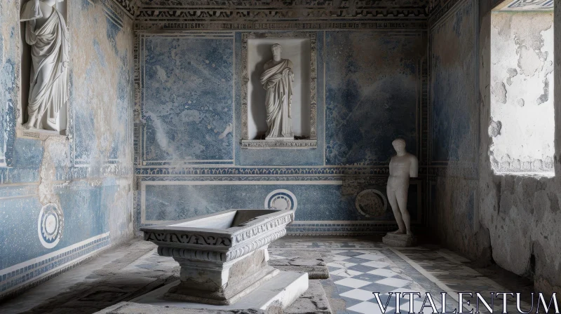 Ancient Roman Villa Room with Blue and White Frescoes and Statues AI Image