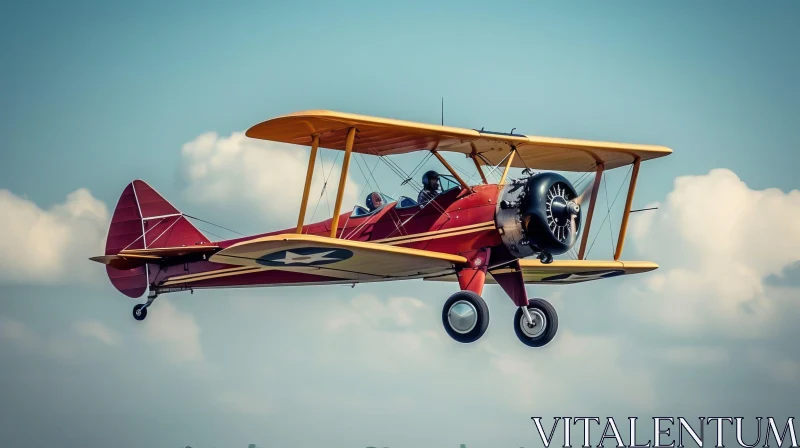Biplane Flying in Blue Sky with Clouds AI Image