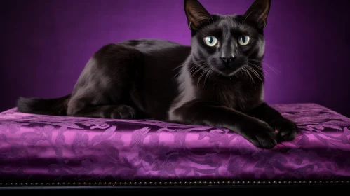 Curious Black Cat on Purple Fabric