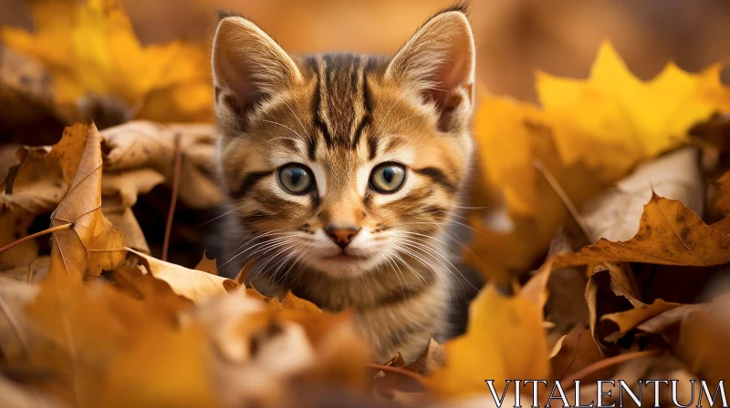 Curious Kitten in Autumn Leaves AI Image