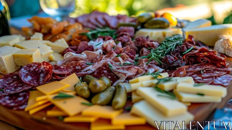 Delicious Assortment of Cured Meats, Cheeses, and Pickles on a Wooden Cutting Board AI Image