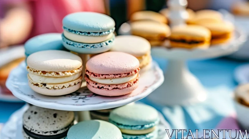 Delicious Multicolored Macarons on a Blue Table AI Image