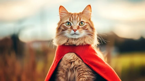 Ginger Cat Superhero with Red Cape