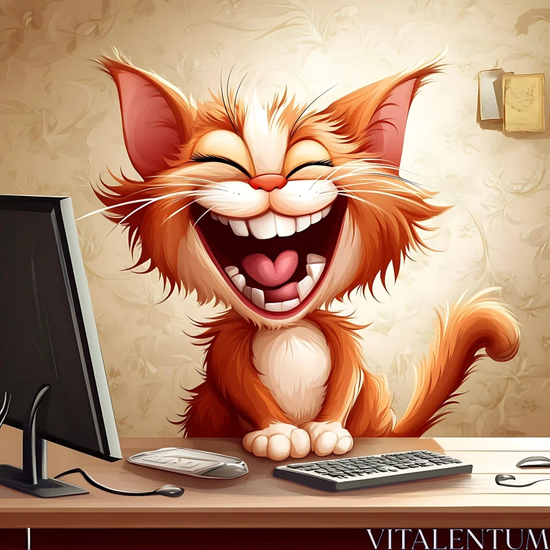 Happy Orange Cat Working at Desk AI Image