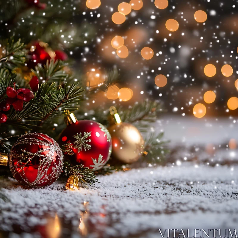 Festive Ornaments in Snowy Pine Branches AI Image