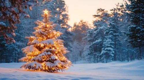 Snowy Forest with Illuminated Christmas Tree