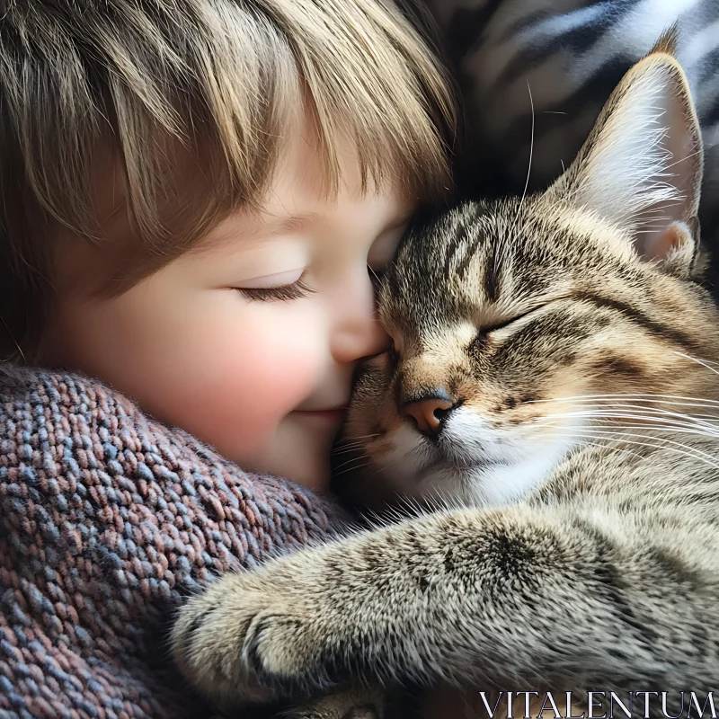 Heartwarming Child and Cat Snuggle AI Image