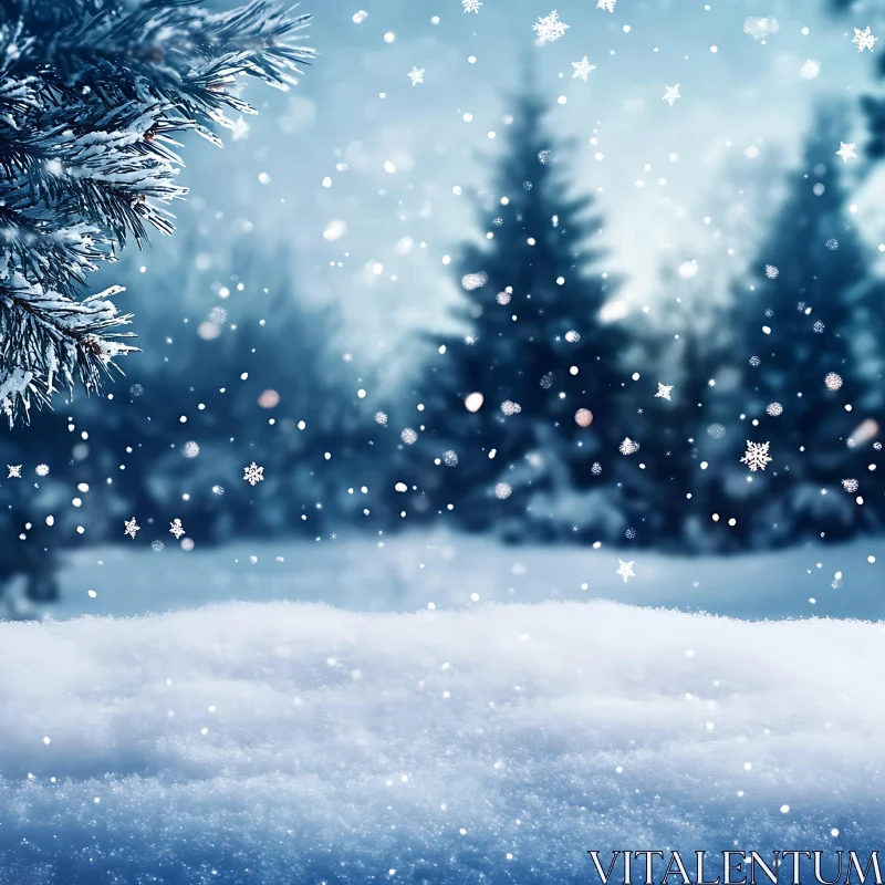 Tranquil Winter Landscape with Snow Falling AI Image