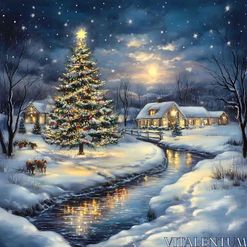 Magical Christmas Eve in a Snowy Countryside Setting AI Image