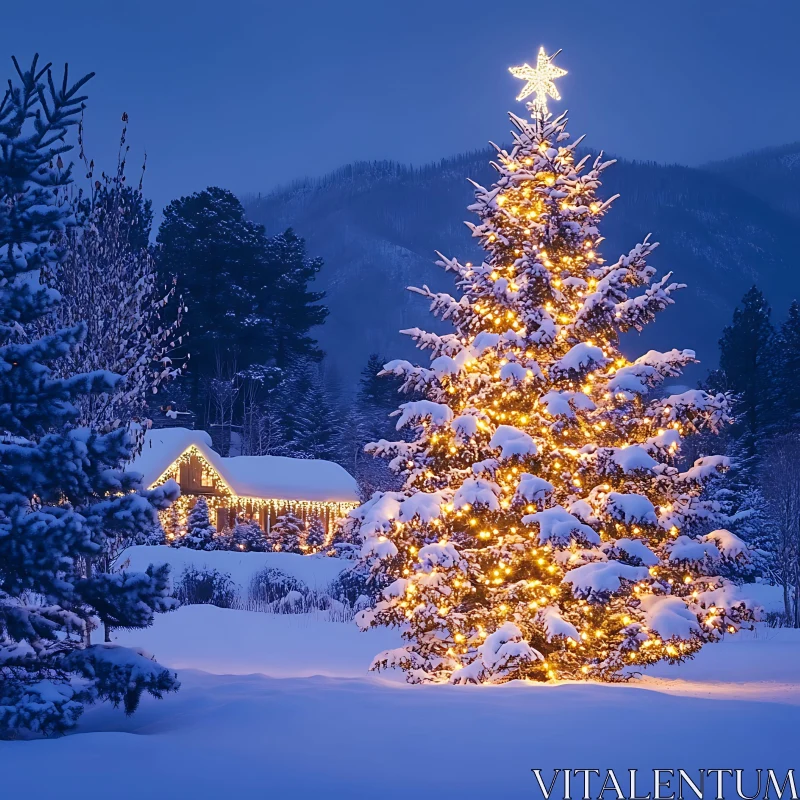 Festive Christmas Tree and Cozy Cabin in Snow AI Image