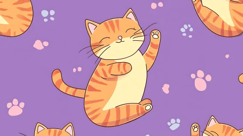 Happy Cartoon Orange Cat with Pastel Paw Prints