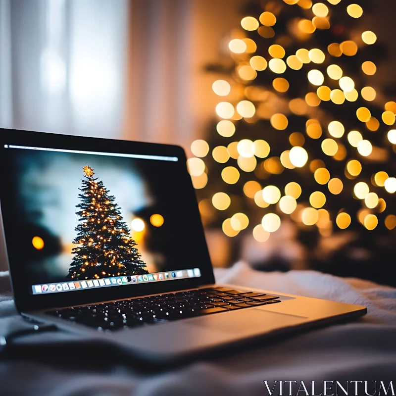 Laptop Displaying Christmas Tree Amid Festive Decor AI Image