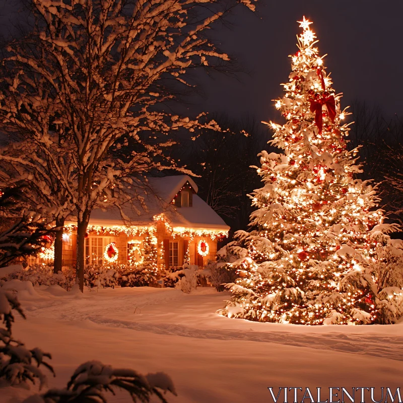 Cozy House and Huge Lit Christmas Tree in Snow AI Image