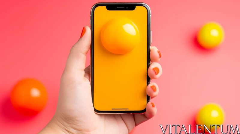 AI ART Hand holding smartphone with 3D ball on pink background