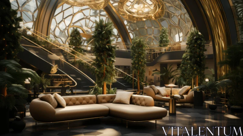 AI ART Luxurious Hotel Lobby: A Mesmerizing Blend of Gold and Botanical Abundance