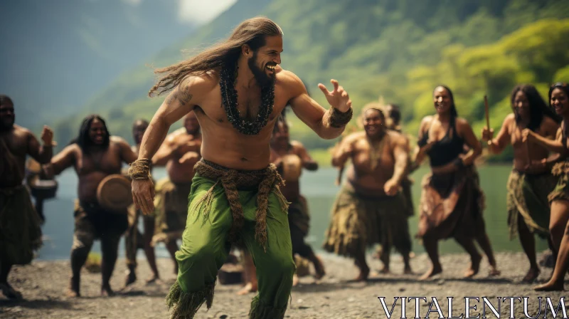 Man Dancing in Jungle in Traditional Maori Costume AI Image