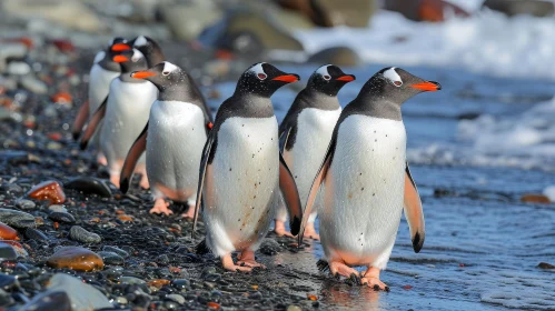 Penguins Walking on Rocky Beach