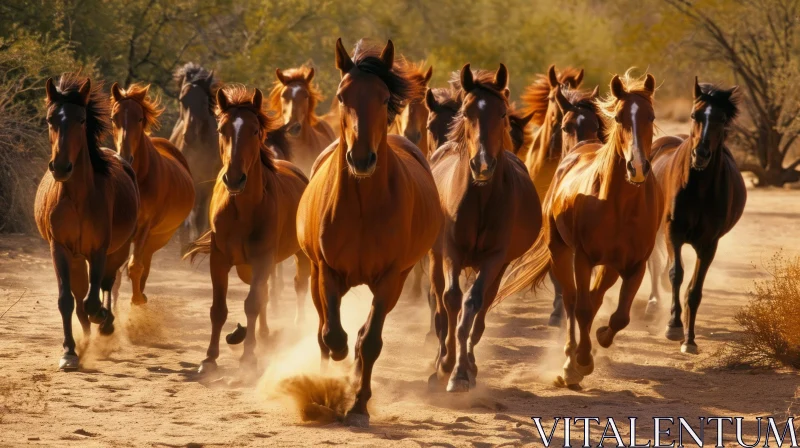 Powerful Wild Horses Galloping in a Desert Landscape AI Image