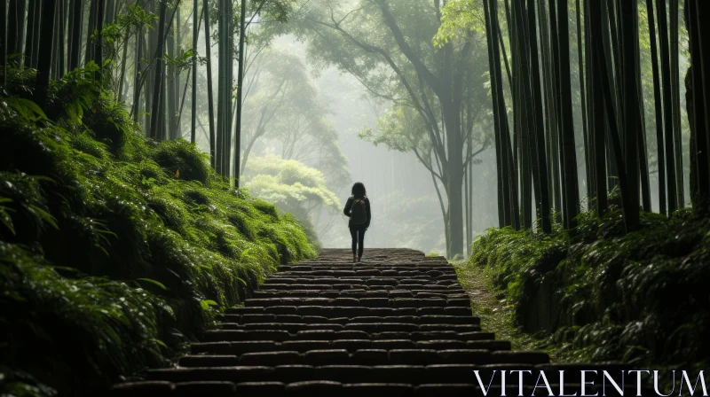 Tranquil Beauty: A Woman Walking in a Bamboo Forest AI Image