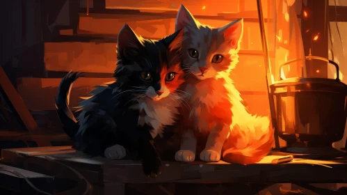 Two Kittens Painting on Wooden Table