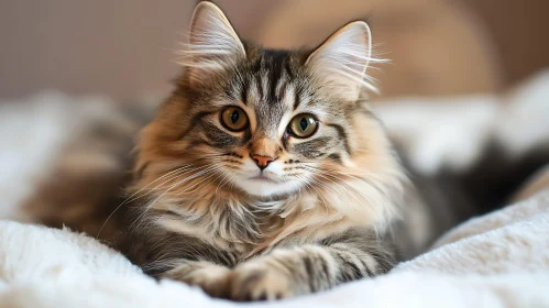 Adorable Fluffy Tabby Cat Resting on a White Blanket
