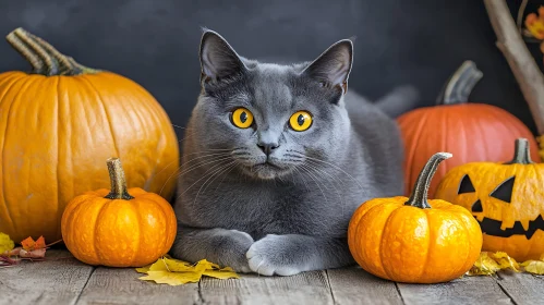 Festive Gray Cat Amidst Halloween Pumpkins