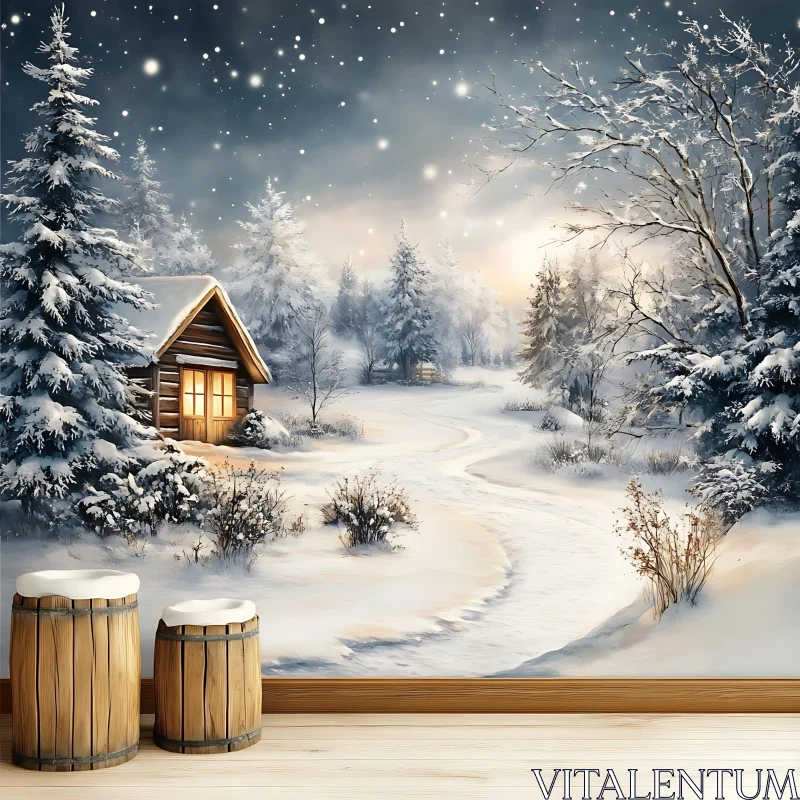 Scenic Winter Wonderland with Snow-covered Cabin