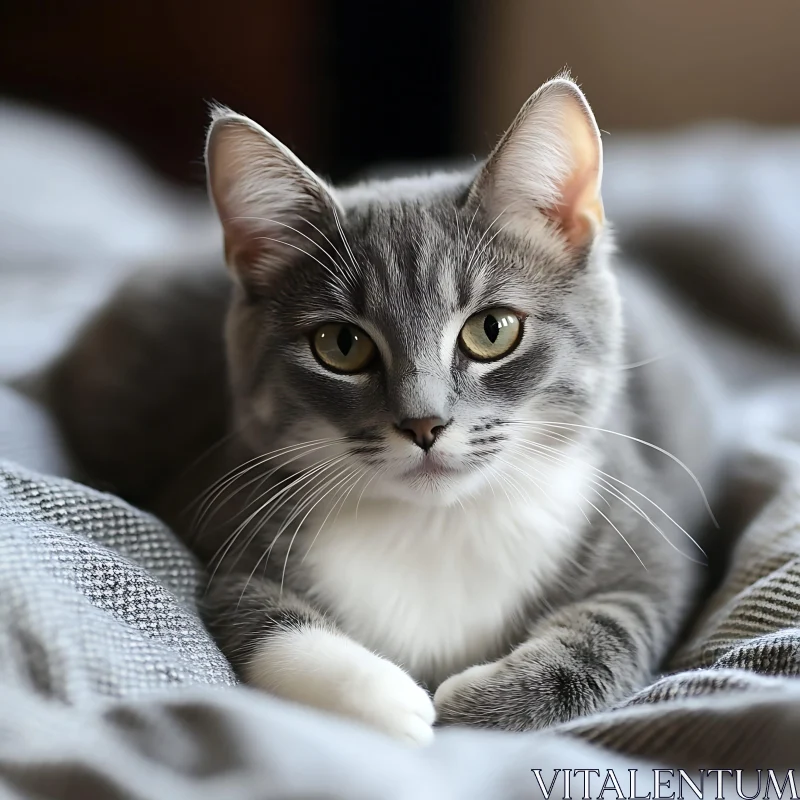 Calm Grey and White Cat on Bed