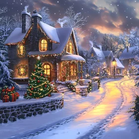 Snowy Christmas Village Scene with Lights