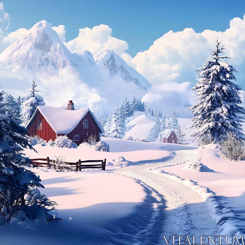 Winter Wonderland with Red Cabin and Majestic Mountains