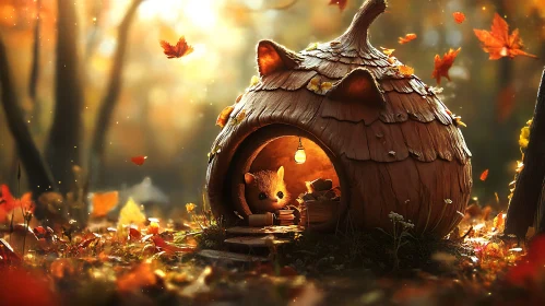 Autumn Forest Fantasy with Small Creature