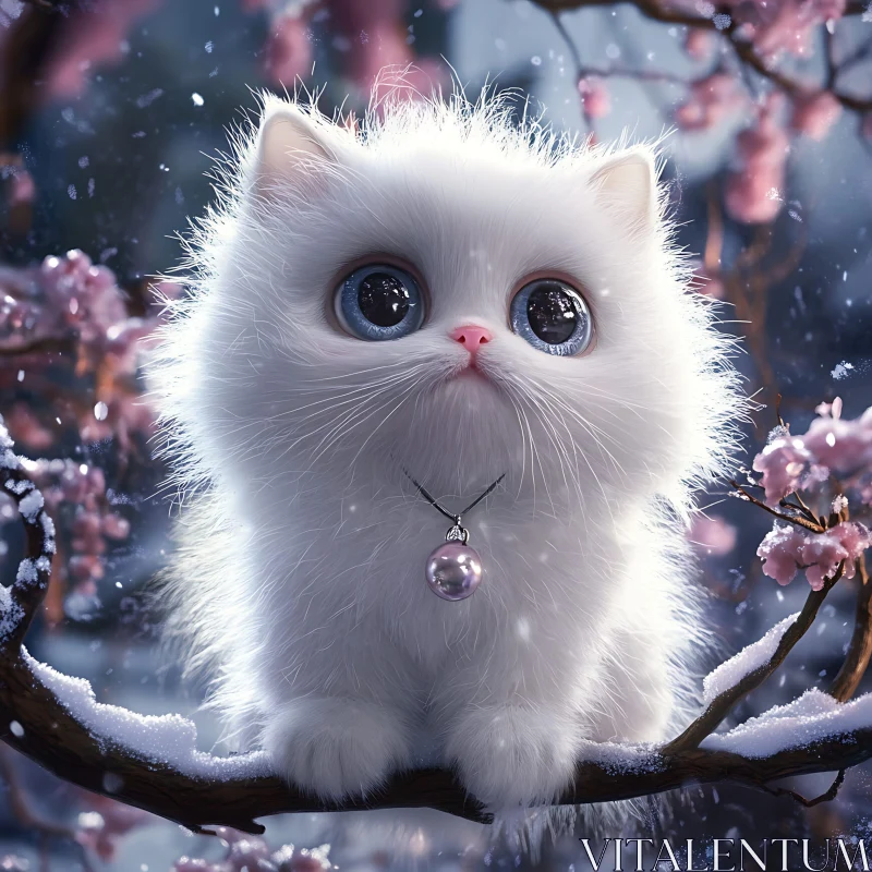 Charming White Kitten Amongst Snowy Cherry Blossoms