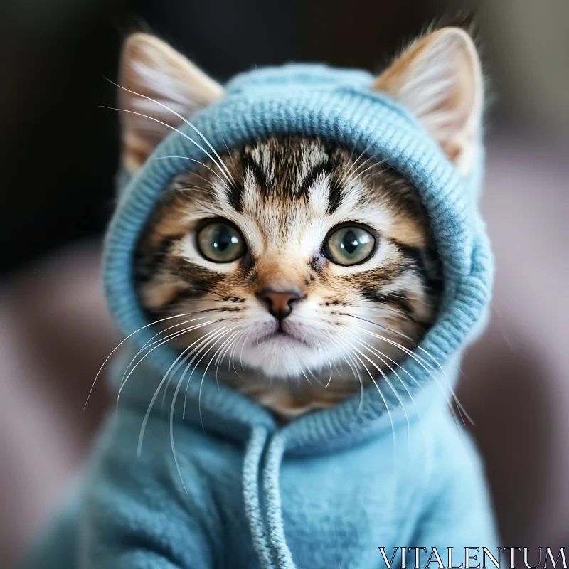Cute Kitten Wearing a Blue Hoodie