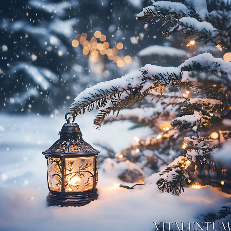 Winter Scene with Decorative Lantern and Fairy Lights