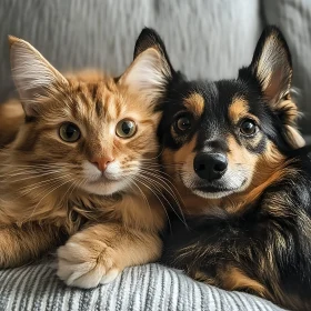 Fluffy Cat and Black-Tan Dog Lying Together