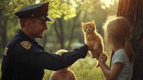 Officer Presenting Kitten to Kids in Sunlit Forest